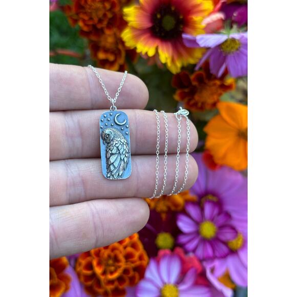 Sterling Silver Barn Owl and Moon Necklace, Silver Barn Owl and Moon Necklace - Picture 1 of 4
